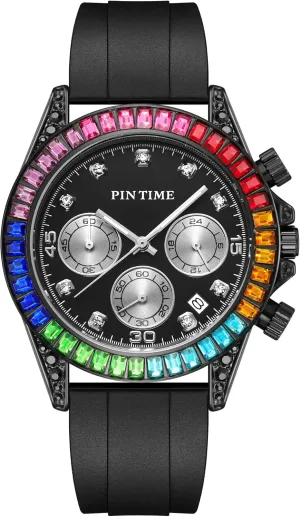Analog Wristwatches PINTIME Mens Diamond Watches Rainbow Baguette Colorful Fashion Sport Chronograph residency credit Classic Silicone Quartz 