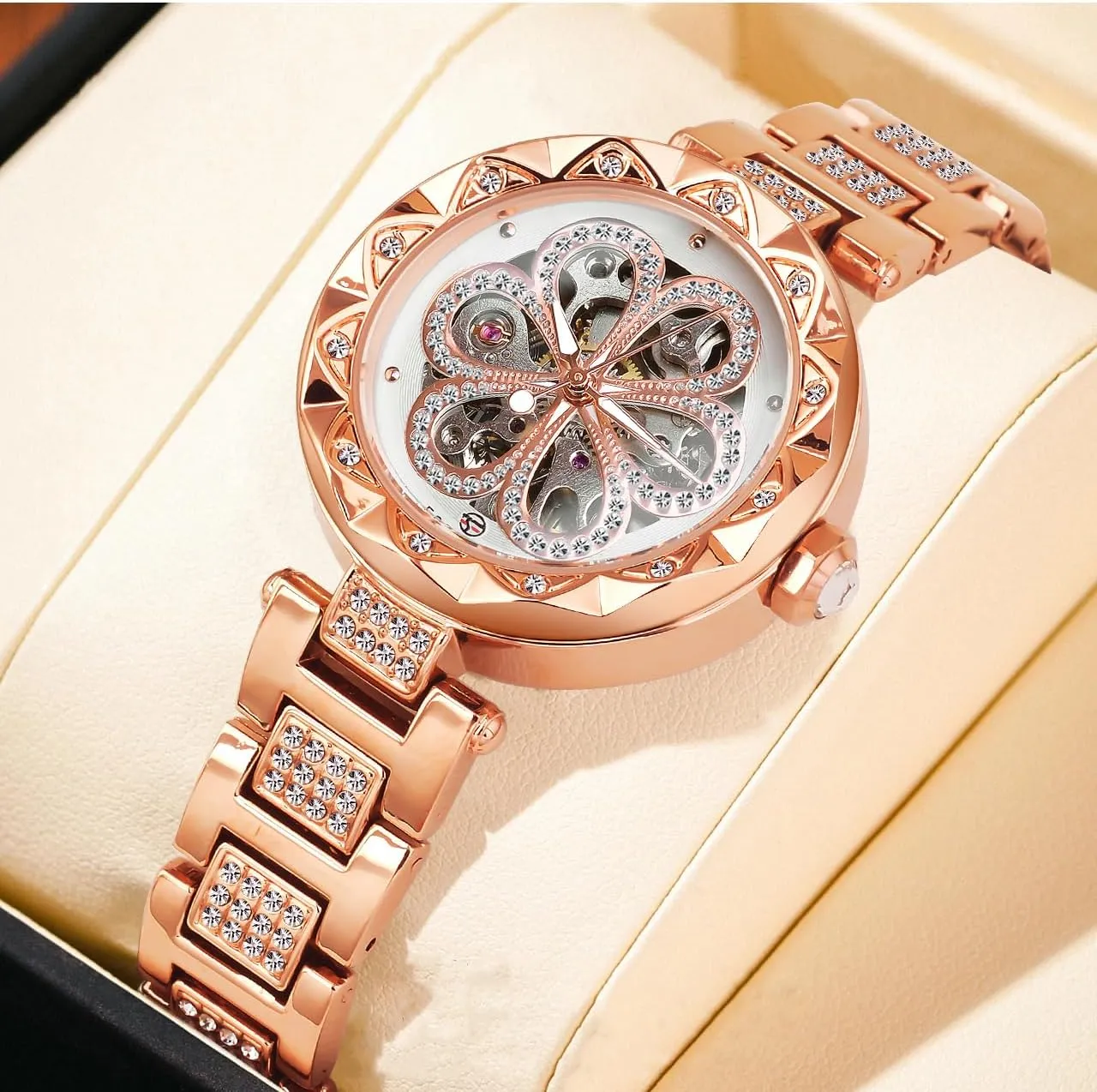 and Carving Flower Craft Cold Watch for Women Minimalist Retro rainbow plank sum Design Mechanical Skeleton Wrist Watch Transparent FORSINING Women Automatic Mechanical Watches Skeleton Steampunk Watch with Diamond 
