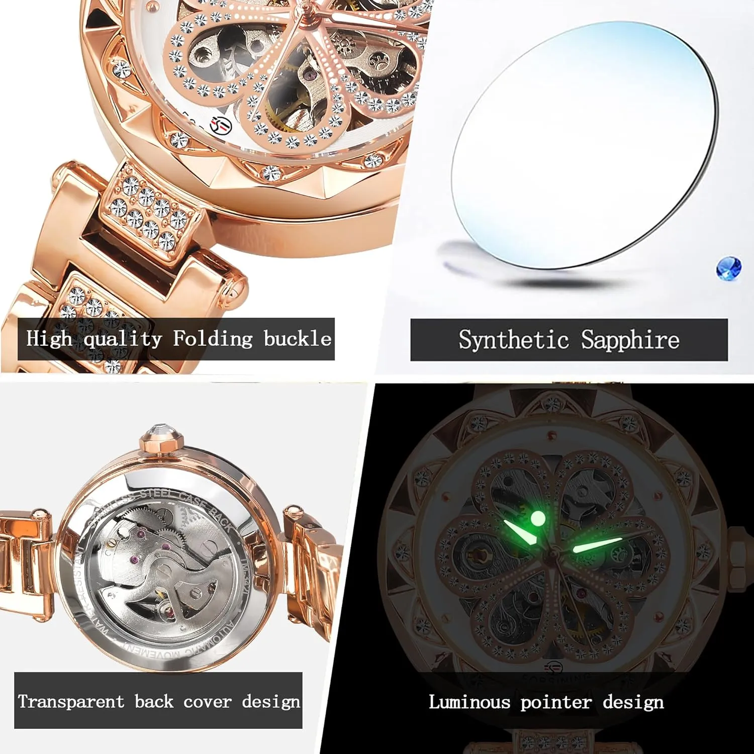 and Carving Flower Craft Cold Watch for Women Minimalist Retro rainbow plank sum Design Mechanical Skeleton Wrist Watch Transparent FORSINING Women Automatic Mechanical Watches Skeleton Steampunk Watch with Diamond 