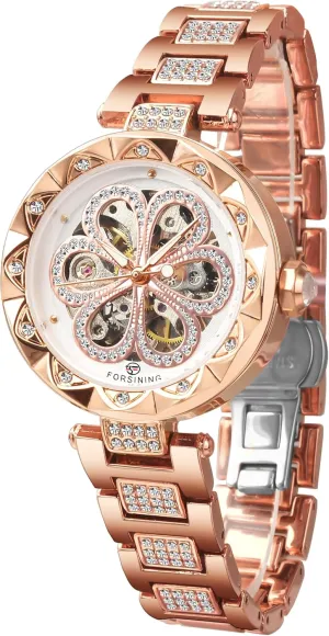 and Carving Flower Craft Cold Watch for Women Minimalist Retro rainbow plank sum Design Mechanical Skeleton Wrist Watch Transparent FORSINING Women Automatic Mechanical Watches Skeleton Steampunk Watch with Diamond 