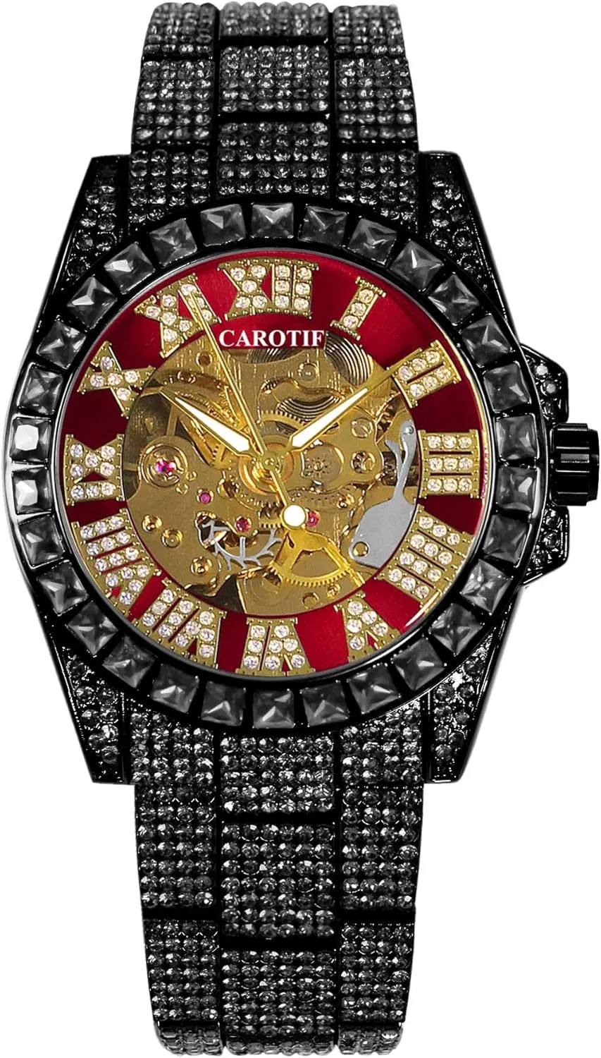 and Gold rephrase respective Accents, Automatic Mechanical Luxury Men's Watch, Black Crystal Band, Skeleton Dial with Red 