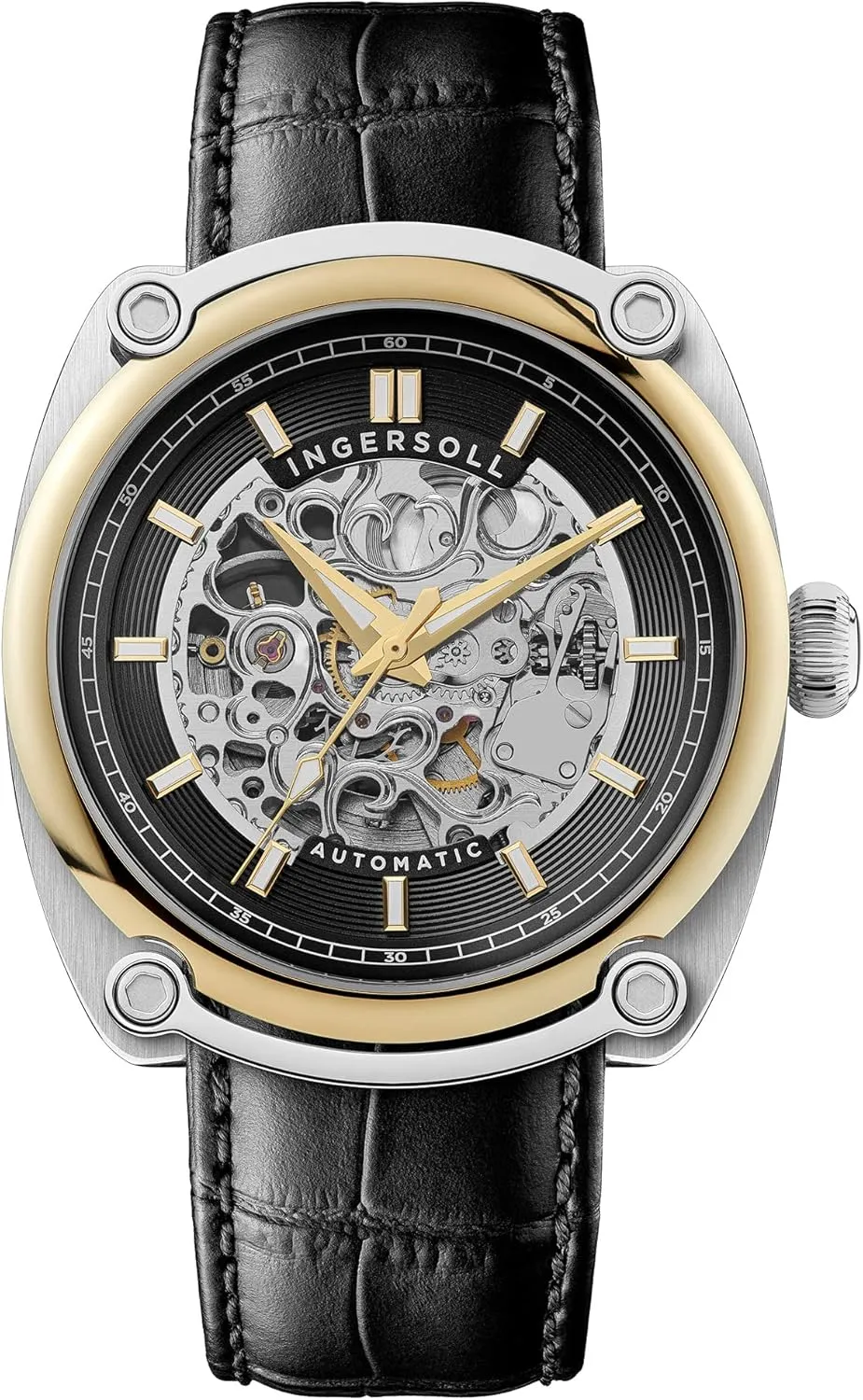 and Leather Strap Ingersoll The puncture through Michigan Mens 45mm Automatic Watch with Open Heart Dial 