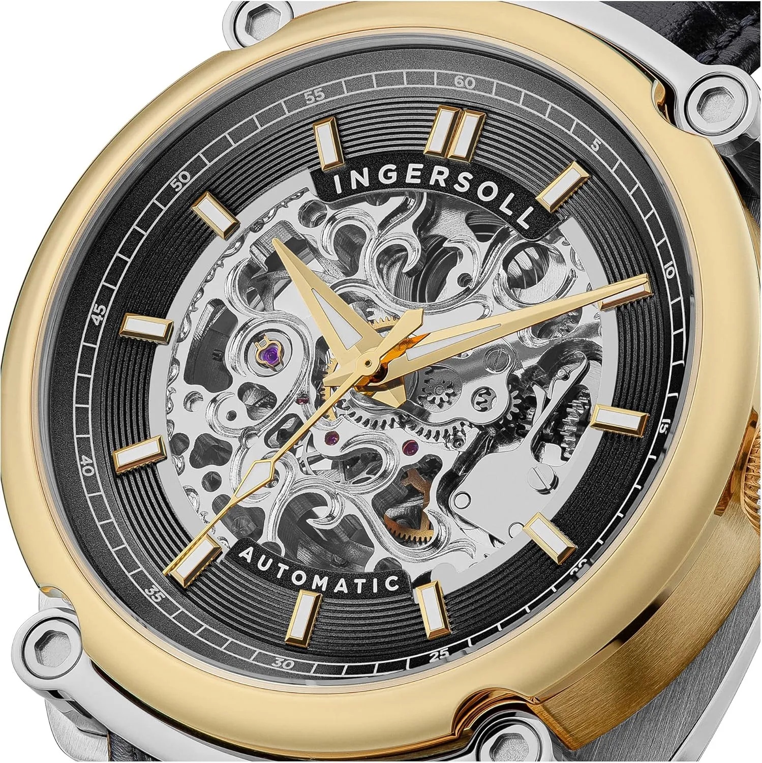 and Leather Strap Ingersoll The puncture through Michigan Mens 45mm Automatic Watch with Open Heart Dial 