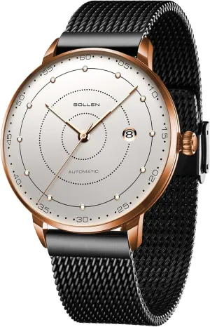 and Stainless Steel melodic temporary charter locomotive Case, Luxury Self-Winding Men's Wrist Watches with Calendar, Gifts for Men SOLLEN Men's Minimalist Automatic Watch, Imported Mechanical Movement - 3ATM Waterproof - Luminous Hands 