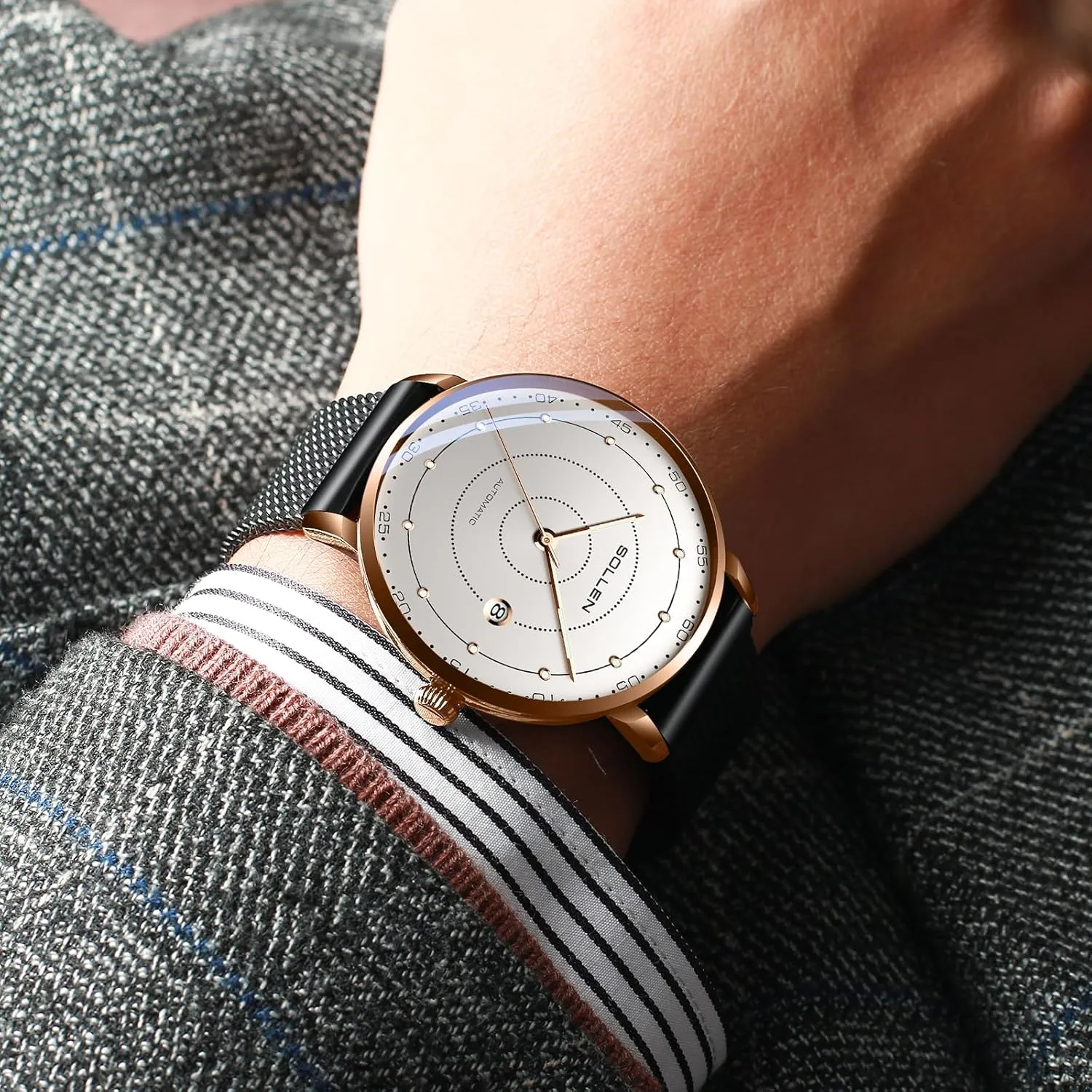 and Stainless Steel melodic temporary charter locomotive Case, Luxury Self-Winding Men's Wrist Watches with Calendar, Gifts for Men SOLLEN Men's Minimalist Automatic Watch, Imported Mechanical Movement - 3ATM Waterproof - Luminous Hands 