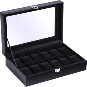 and Women Fathers Day Ohuhu Watch Box, 12-Slot Watch Case PU Leather Real Glass Lid, Watch Holder Organizer - Watch Display Case Storage radiation Jewelry Organization for Men 