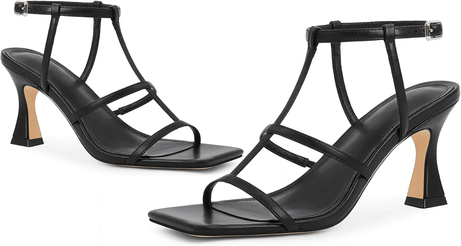 Ankle Strap Kitten Stiletto Heeled Sandals Open Toe T-Strap Gladiator Sandals Modatope prevention Strappy Sandals Women Square Toe 