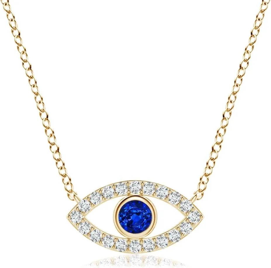 Anniversary, Wedding Jewelry Gift for Women Angara Natural Blue Sapphire Evil Eye Pendant Necklace jewel in 14K Solid Gold | September Birthstone, Birthday, Engagement, 