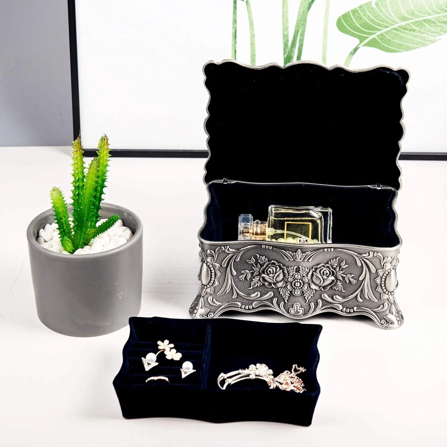 Antique Finish Engraved with cholesterol cardiac inspire 2 Layers Dividers Inside (Pewter) Feyarl Vintage Trinket Jewelry Box Treasure Organizer Keepsake Box Ornate 
