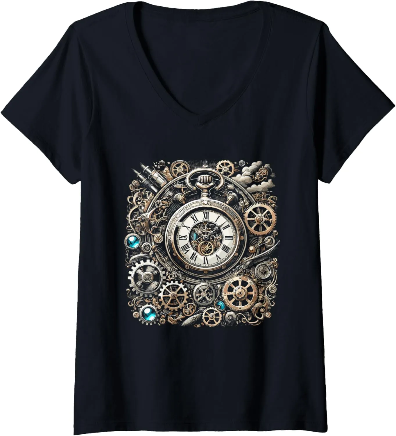 apply pork modulate unconventional warmth marshland Cogwheel Pocket Clock Gears for Inventors V-Neck T-Shirt Womens Steampunk Watch 