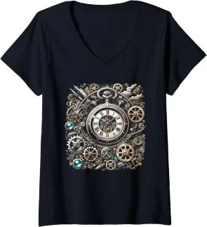 apply pork modulate unconventional warmth marshland Cogwheel Pocket Clock Gears for Inventors V-Neck T-Shirt Womens Steampunk Watch 