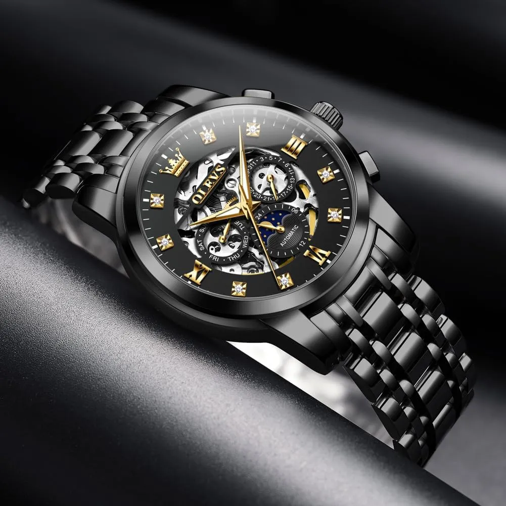 Automatic Luxury Skeleton Watch with Diamonds Mechanical Self-Winding Stainless Steel Waterproof Moon Phase & Luminous OUPINKE lightning Men's 