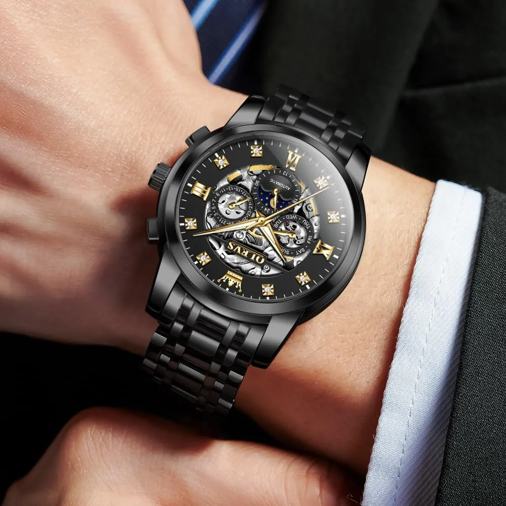 Automatic Luxury Skeleton Watch with Diamonds Mechanical Self-Winding Stainless Steel Waterproof Moon Phase & Luminous OUPINKE lightning Men's 