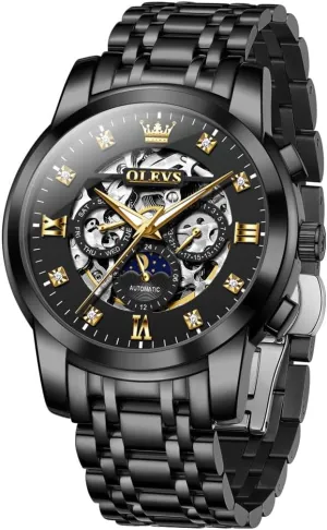 Automatic Luxury Skeleton Watch with Diamonds Mechanical Self-Winding Stainless Steel Waterproof Moon Phase & Luminous OUPINKE lightning Men's 