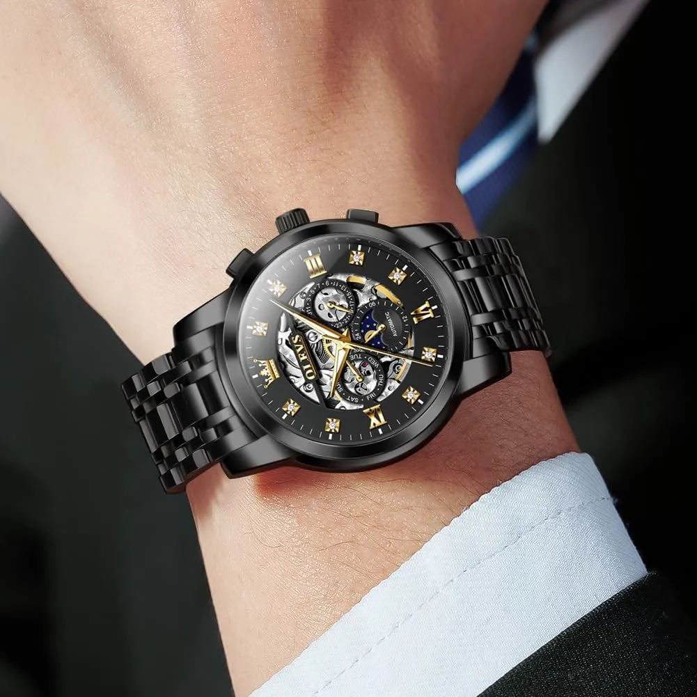 Automatic Luxury Skeleton Watch with Diamonds Mechanical Self-Winding Stainless Steel Waterproof Moon Phase & Luminous OUPINKE lightning Men's 
