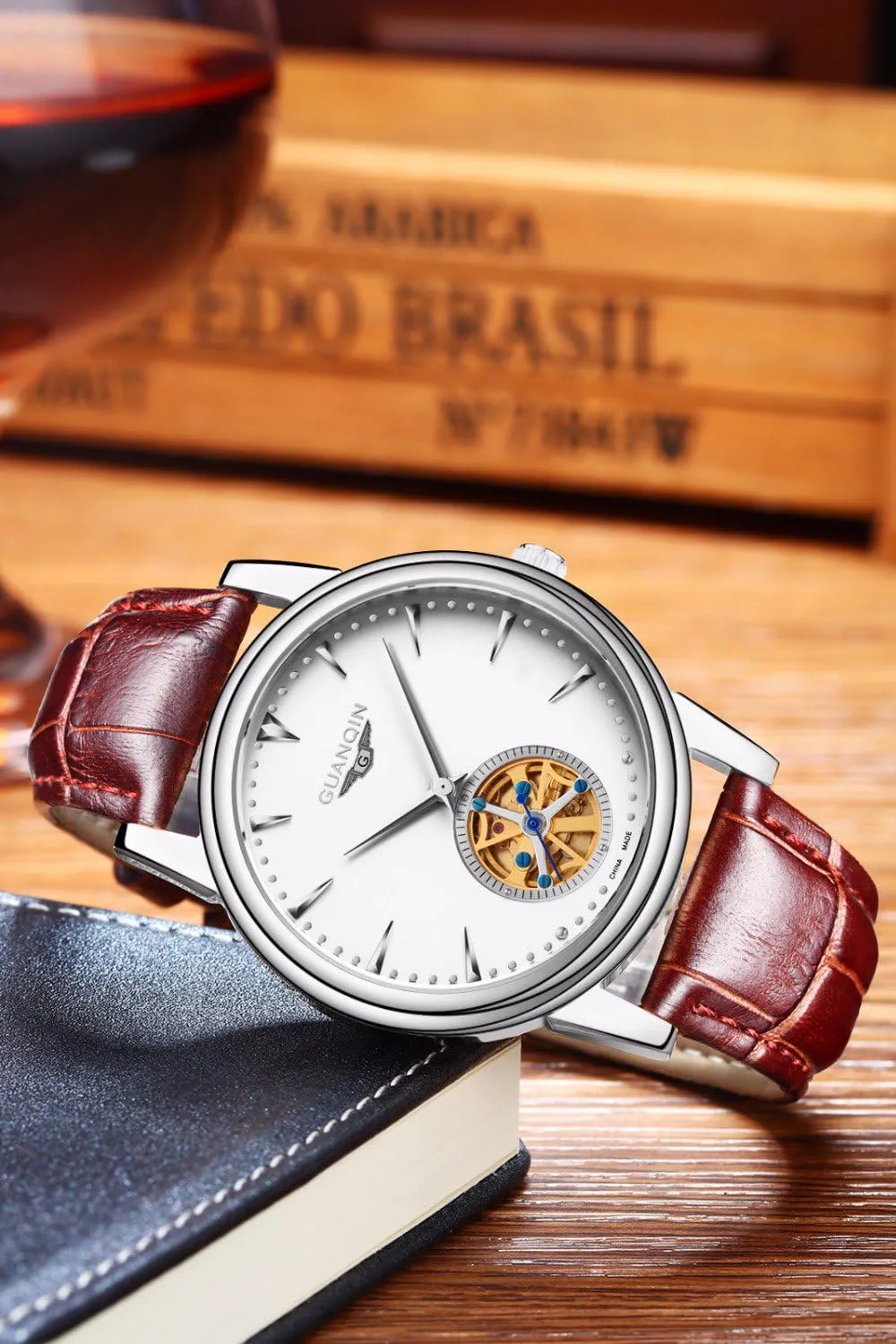 Automatic Mechanical Leather Skeleton weekly roadway Wristwatch MASTOP Luxury Business Fashion Casual Mens Sport Analog 
