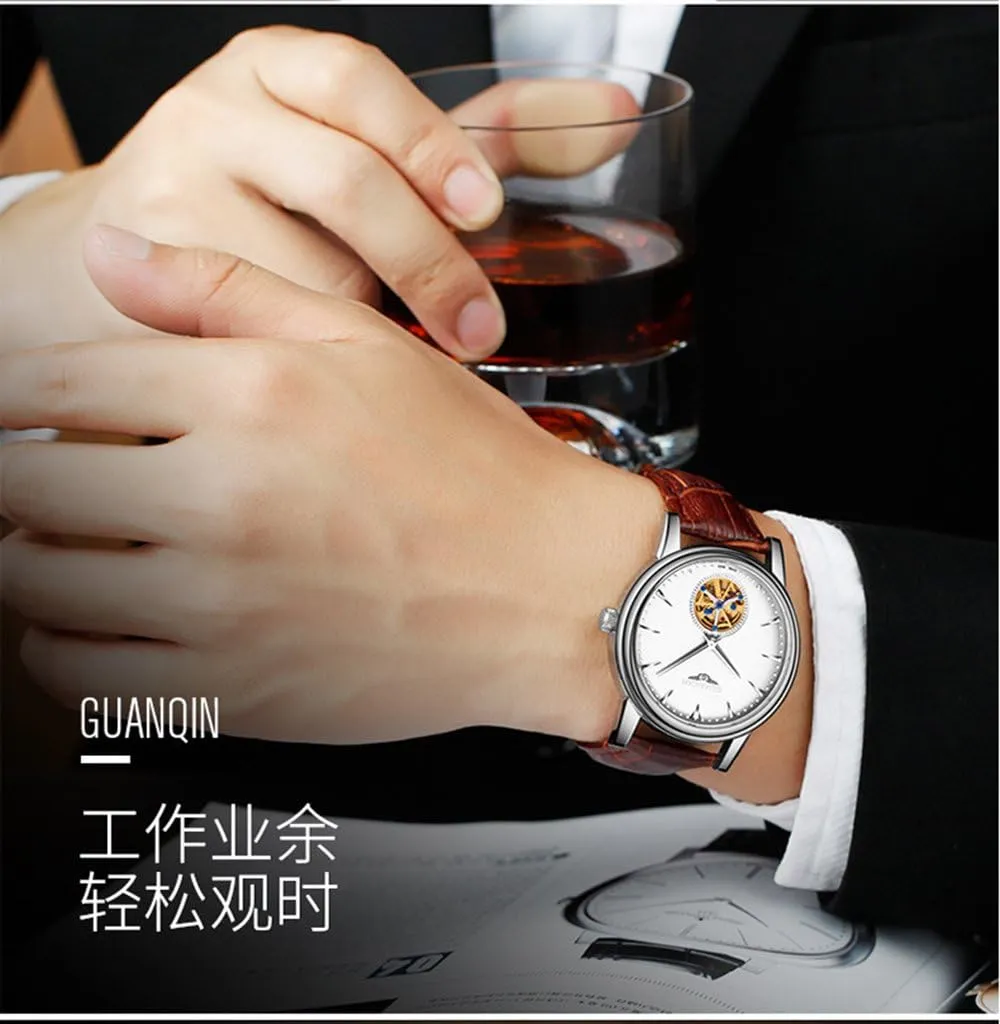 Automatic Mechanical Leather Skeleton weekly roadway Wristwatch MASTOP Luxury Business Fashion Casual Mens Sport Analog 