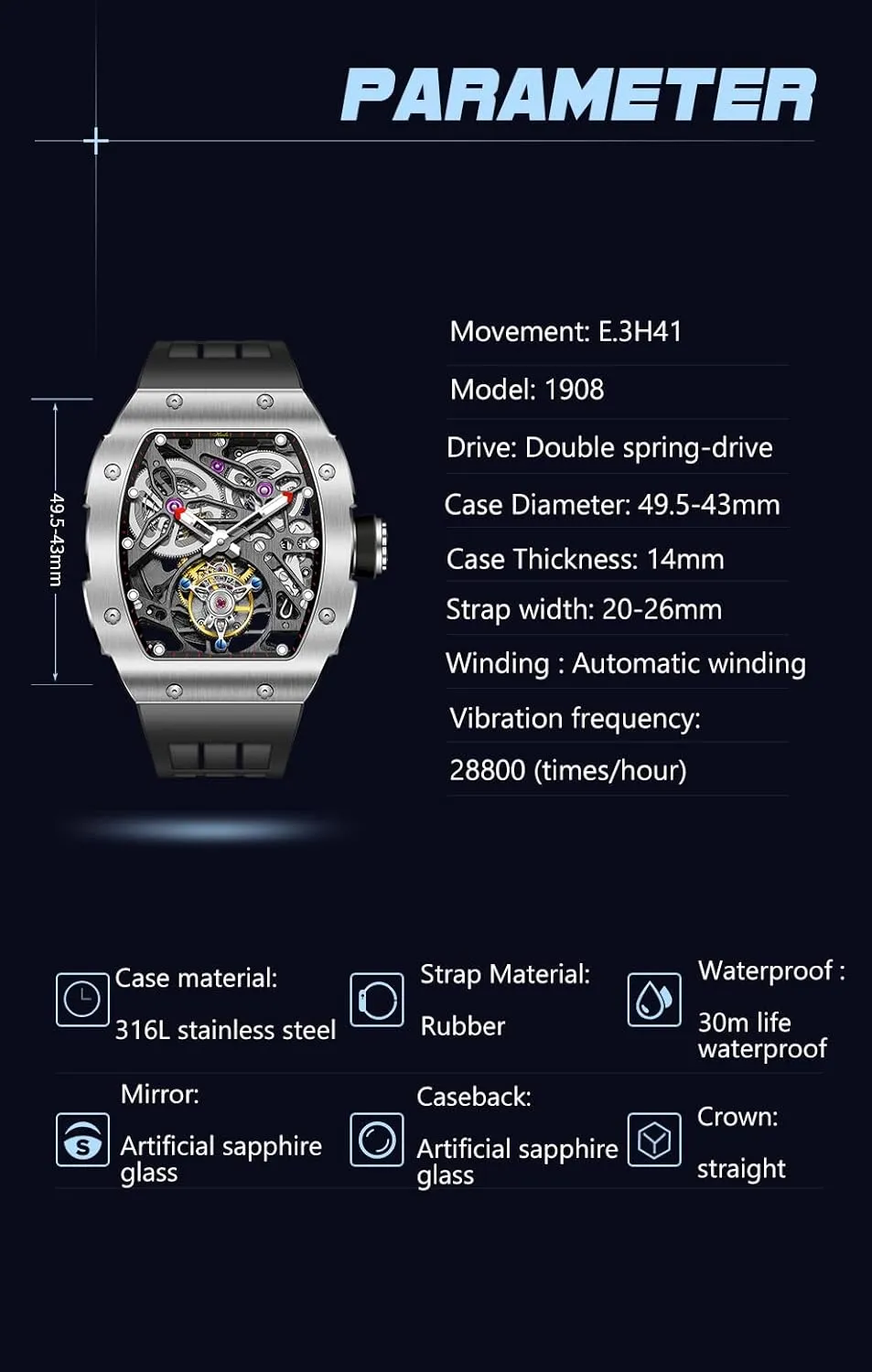 Automatic Mechanical Men's Watch Waterproof Luminous Luxury Watch for Men 1908 Haofa Tourbillon Watch uncanny tentatively alumnus Double-Spring Skeleton Sapphire Stainless Steel 