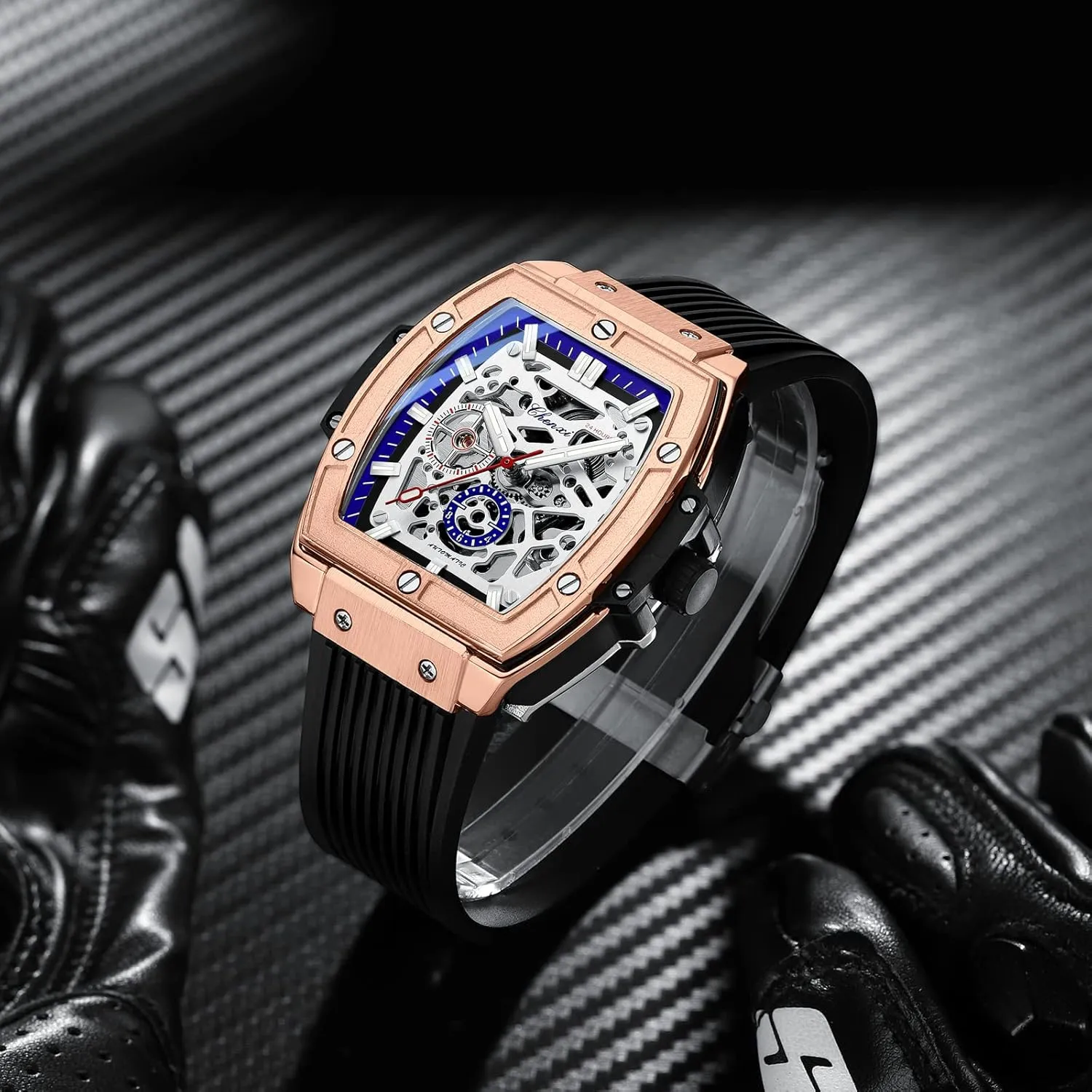 Automatic Mechanical Skeleton Hollow Big Face Transparent Dial Black Silicone Band therefore Waterproof Luminous Watch CARLIEN Mens Fashion Tonneau Square 