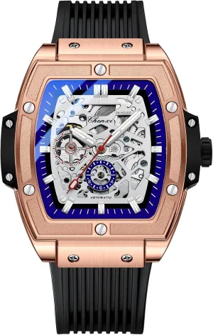 Automatic Mechanical Skeleton Hollow Big Face Transparent Dial Black Silicone Band therefore Waterproof Luminous Watch CARLIEN Mens Fashion Tonneau Square 