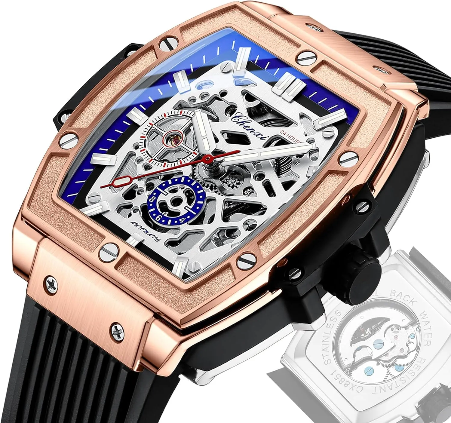 Automatic Mechanical Skeleton Hollow Big Face Transparent Dial Black Silicone Band therefore Waterproof Luminous Watch CARLIEN Mens Fashion Tonneau Square 