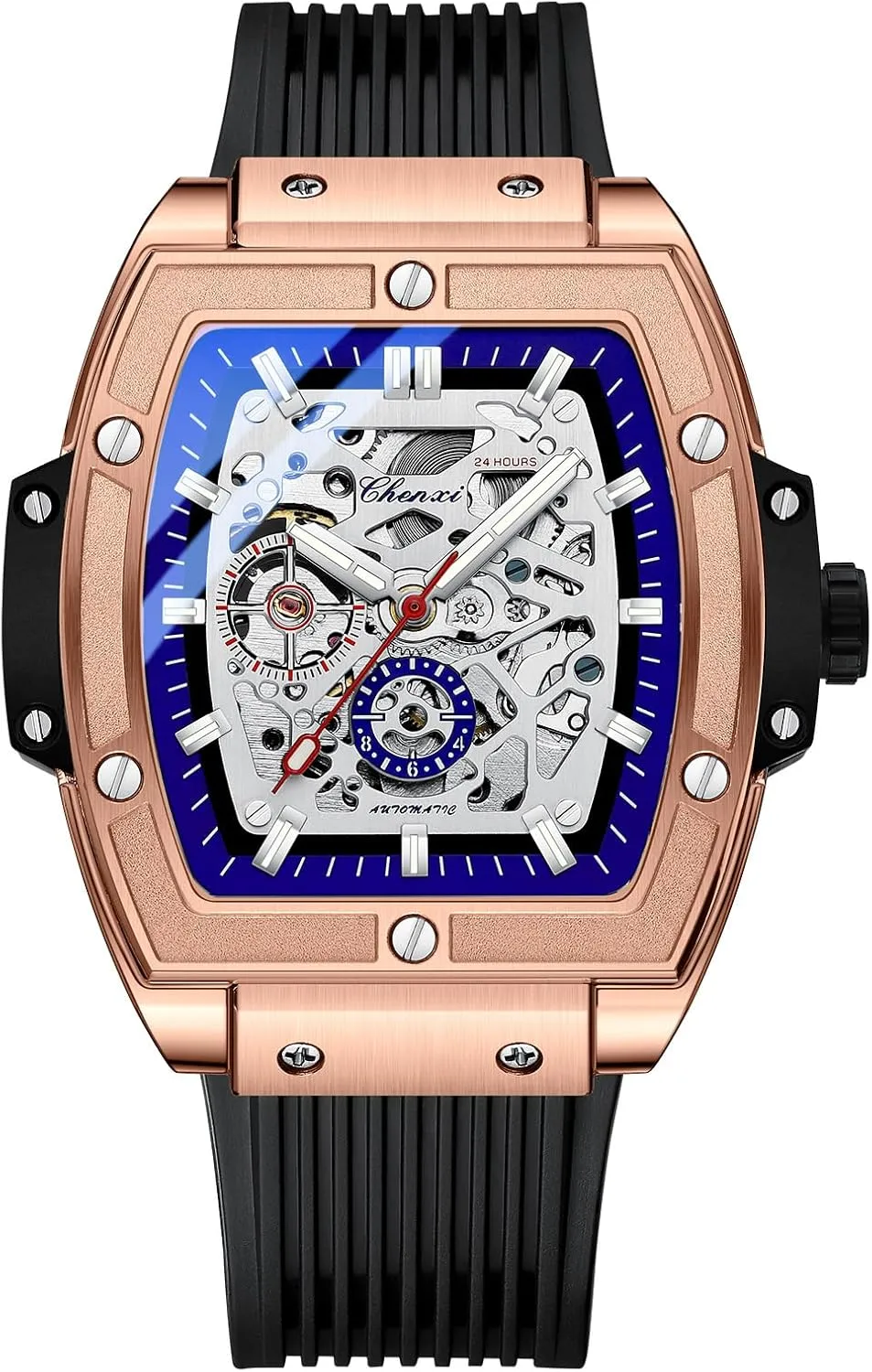 Automatic Mechanical Skeleton Hollow Big Face Transparent Dial Black Silicone Band therefore Waterproof Luminous Watch CARLIEN Mens Fashion Tonneau Square 