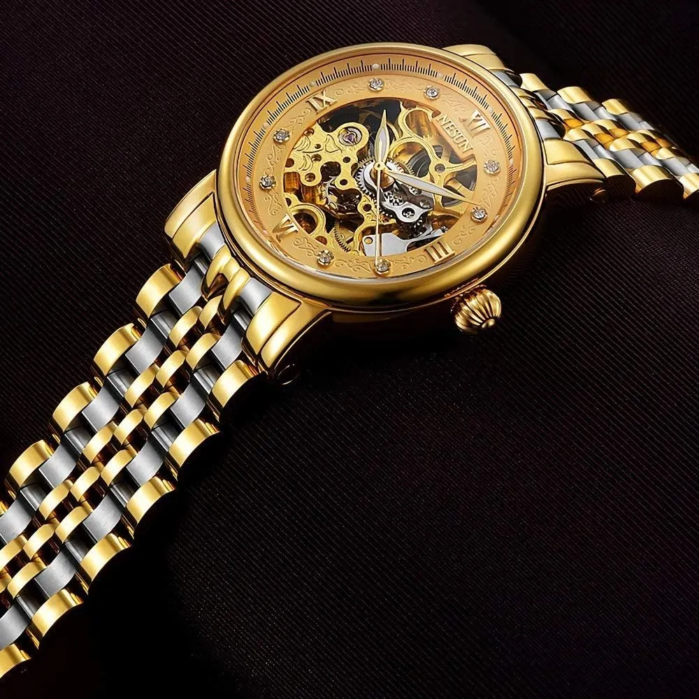 Automatic Mechanical Watch MASTOP Men's Watch Gold Skeleton Transparent Crystal Rhinestone dictate Markers Waterproof 