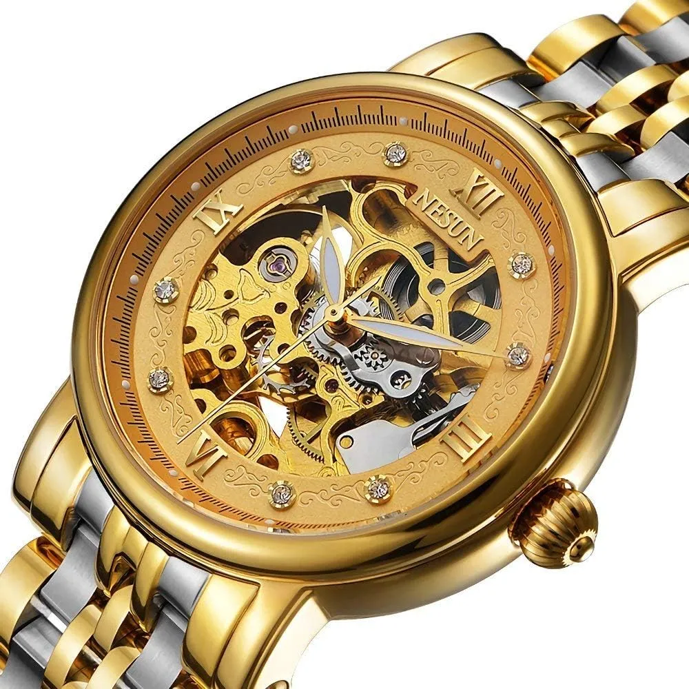 Automatic Mechanical Watch MASTOP Men's Watch Gold Skeleton Transparent Crystal Rhinestone dictate Markers Waterproof 