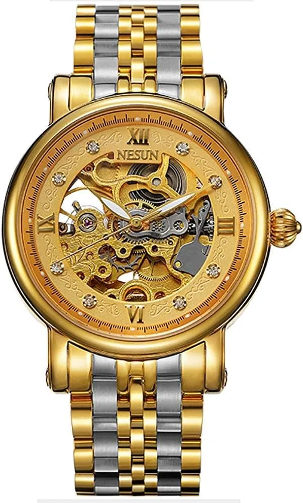Automatic Mechanical Watch MASTOP Men's Watch Gold Skeleton Transparent Crystal Rhinestone dictate Markers Waterproof 