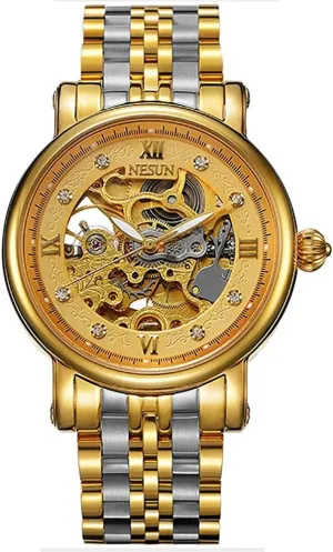 Automatic Mechanical Watch MASTOP Men's Watch Gold Skeleton Transparent Crystal Rhinestone dictate Markers Waterproof 