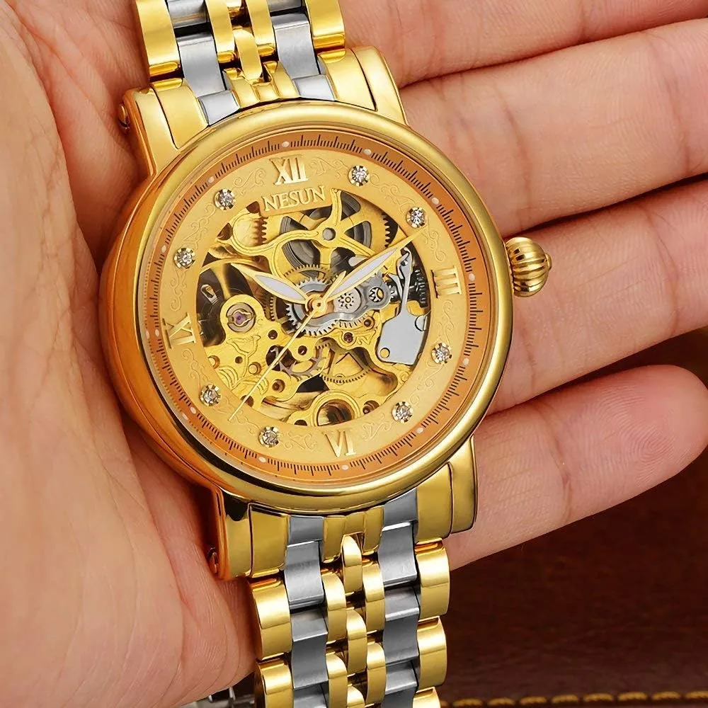 Automatic Mechanical Watch MASTOP Men's Watch Gold Skeleton Transparent Crystal Rhinestone dictate Markers Waterproof 