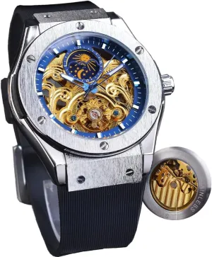 Automatic Mechanical Watches Casual pale autobiographical draft Waterproof Silicone Band Skeleton Flywheel Moon Phase Business Wrist Watch Relojes Hombre Men 