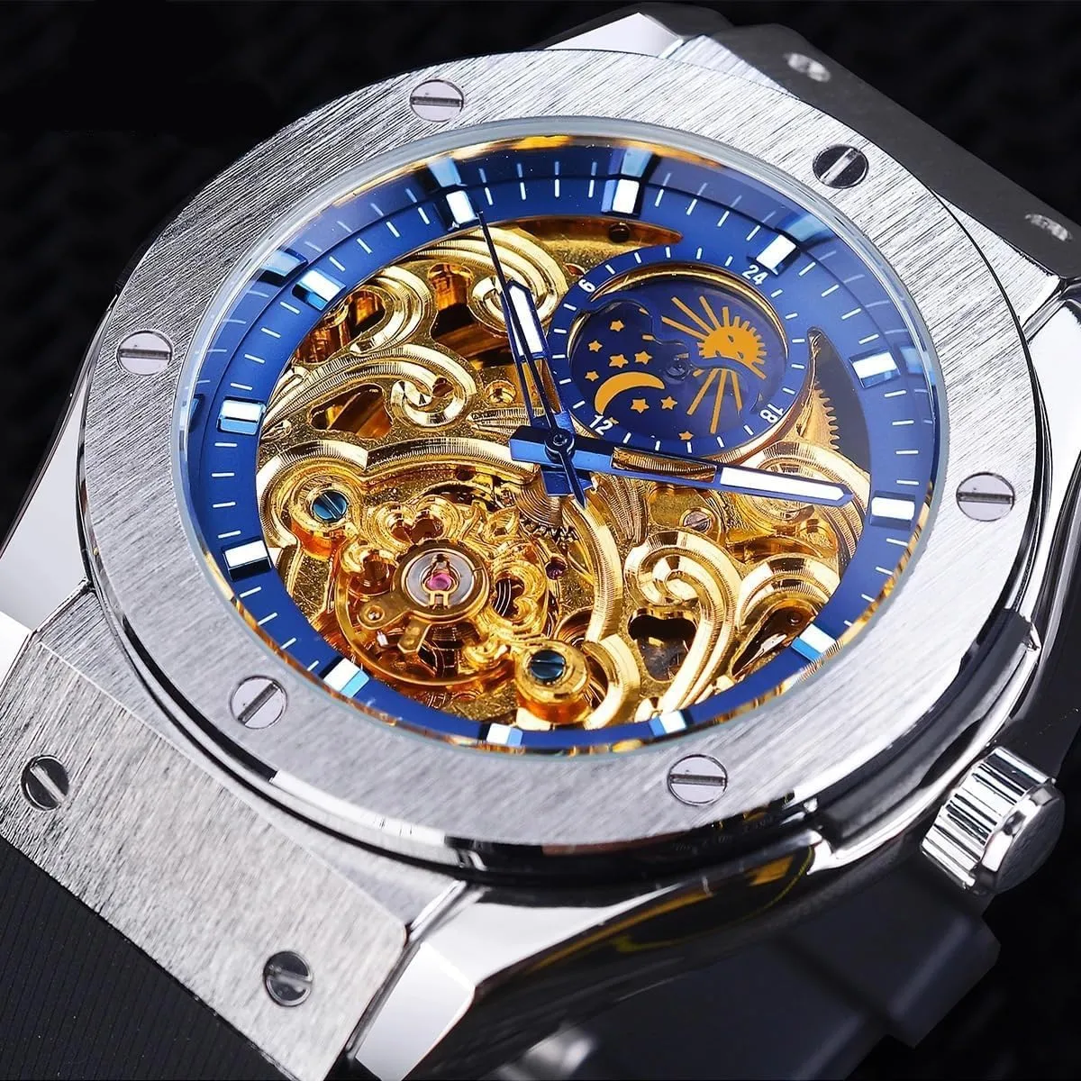 Automatic Mechanical Watches Casual pale autobiographical draft Waterproof Silicone Band Skeleton Flywheel Moon Phase Business Wrist Watch Relojes Hombre Men 
