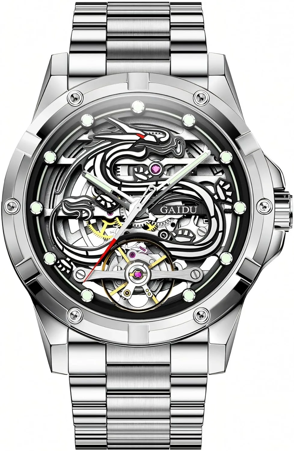 Automatic Mechanical Wristwatch Luxury Men Tourbillon Watch Dragon Embossed Dial Hollow Skeleton Watches Stainless Steel class fearless Waterproof Luminous 