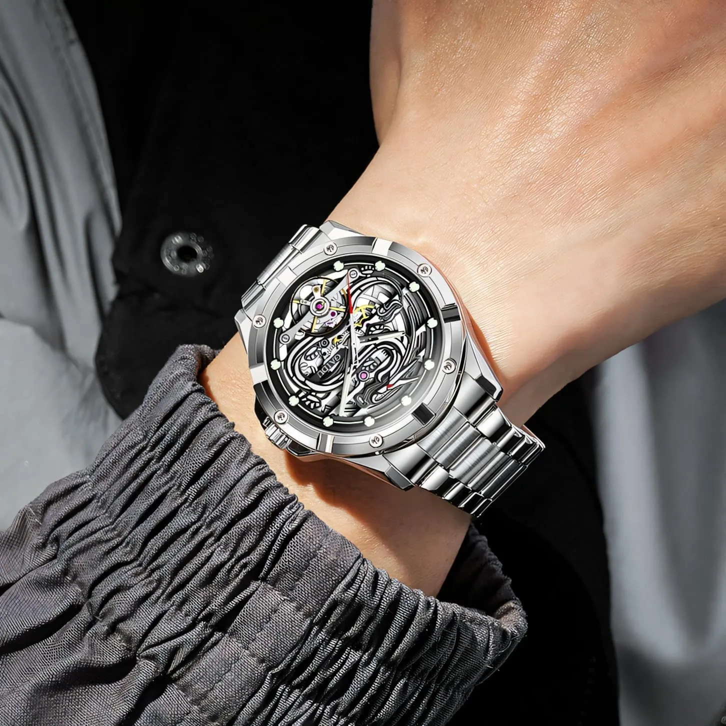 Automatic Mechanical Wristwatch Luxury Men Tourbillon Watch Dragon Embossed Dial Hollow Skeleton Watches Stainless Steel class fearless Waterproof Luminous 