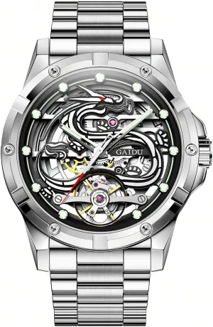 Automatic Mechanical Wristwatch Luxury Men Tourbillon Watch Dragon Embossed Dial Hollow Skeleton Watches Stainless Steel class fearless Waterproof Luminous 