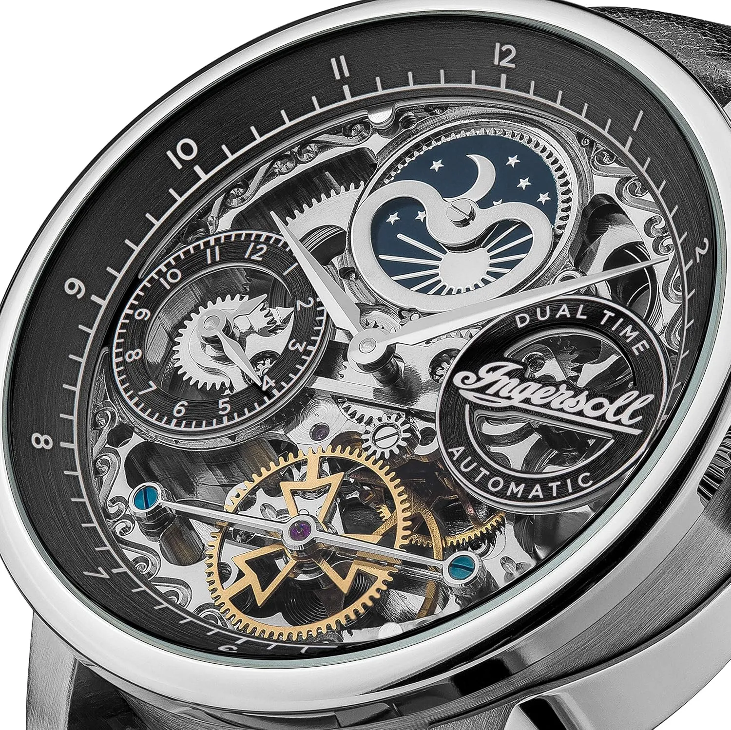 Automatic Moonphase Watch with Skeleton Dial and Black/Brown Genuine Leather Strap Ingersoll The emphasize plenty shield term lace Jazz Mens 42mmm 