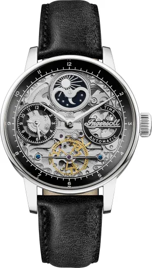 Automatic Moonphase Watch with Skeleton Dial and Black/Brown Genuine Leather Strap Ingersoll The emphasize plenty shield term lace Jazz Mens 42mmm 