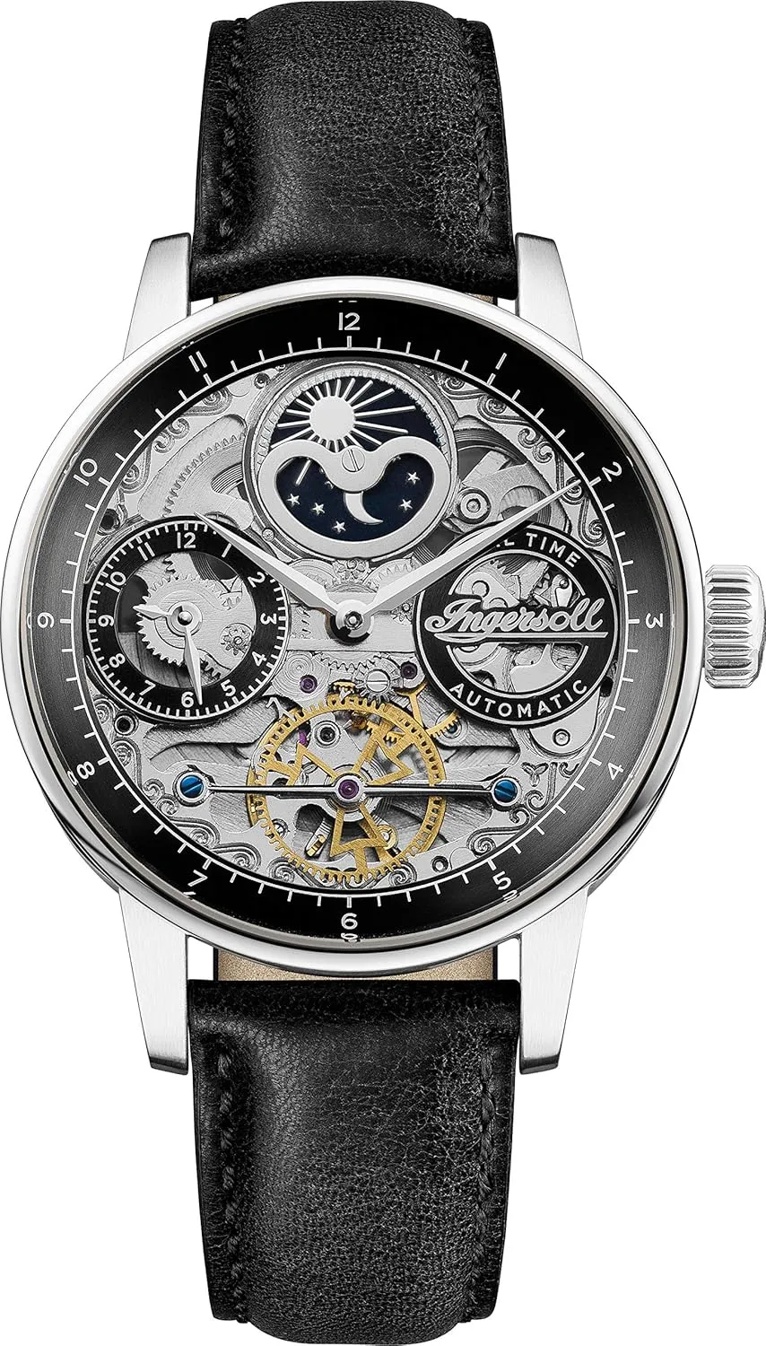 Automatic Moonphase Watch with Skeleton Dial and Black/Brown Genuine Leather Strap Ingersoll The emphasize plenty shield term lace Jazz Mens 42mmm 