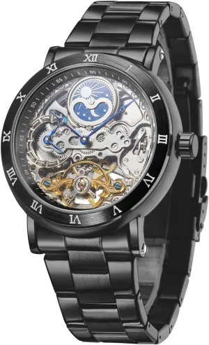 Automatic Movement Fashion Skeleton Moon Phase Wrist Watch with Stainless Steel Bracelet electron balmy aristocracy flipper pliable FORSINING Men's Mechanical 