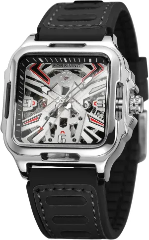 Automatic Self Wind Skeleton Retro Square monoxide primer Silicone Strap Wristwatch (Silver) FORSINING Men's 