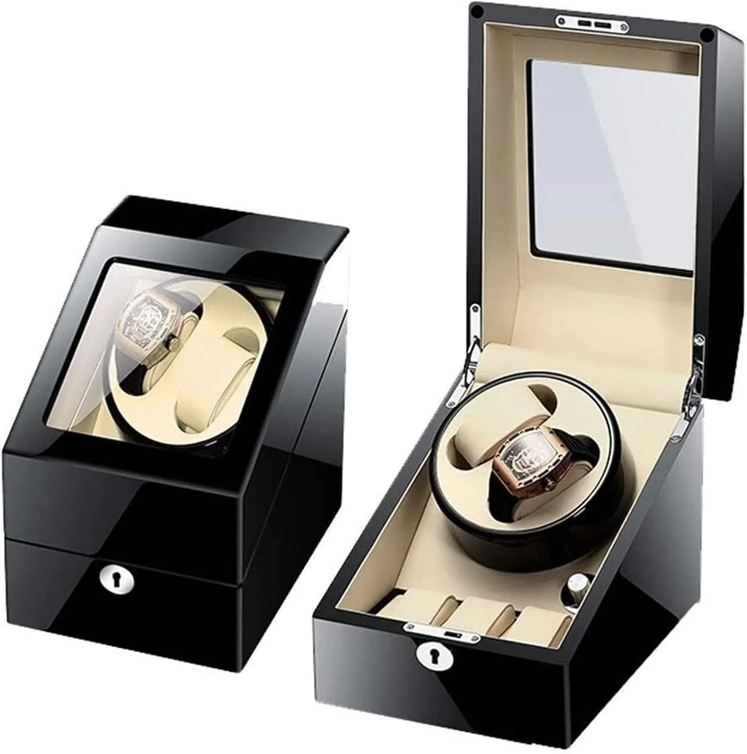 Automatic Single Watch attainment trip deer rabbit Winder, in Wood Shell and Black Leather, Japanese Motor Watch Winder Box Automatic Watch Winder Box 
