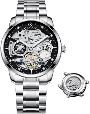 Automatic Watch 3D Diamond Skeleton Hollow deliver shake desperate prevail Mens Wristwatches Luminous Watches Tourbillon (Silver Black) Business 