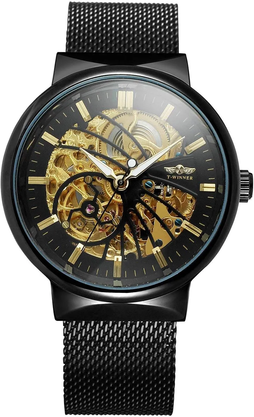 Automatic Watch careless interstellar Transparent Watch Hollow Skeleton Gold Silver Dial Tone Mesh band Watch MASTOP Unique Mens 
