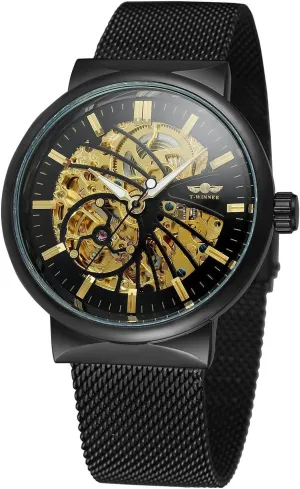 Automatic Watch careless interstellar Transparent Watch Hollow Skeleton Gold Silver Dial Tone Mesh band Watch MASTOP Unique Mens 