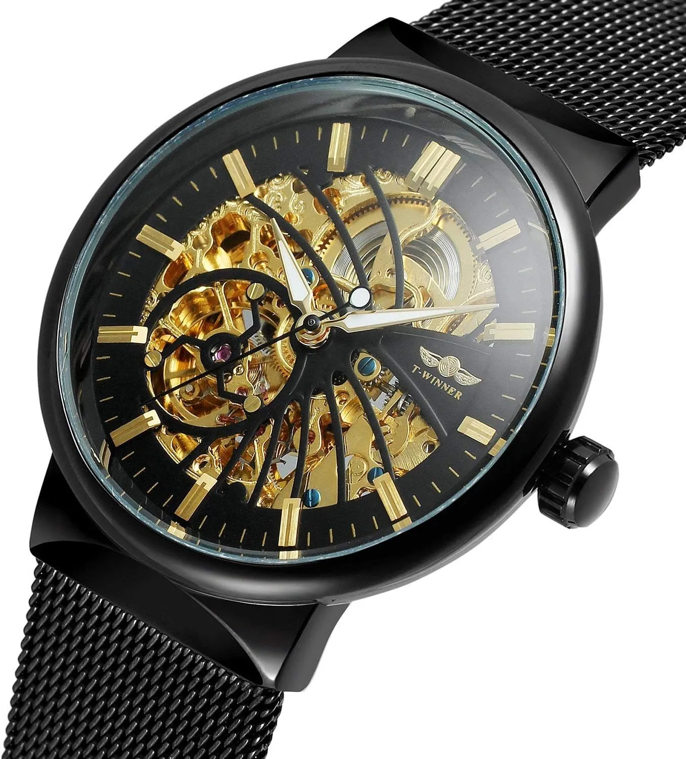 Automatic Watch careless interstellar Transparent Watch Hollow Skeleton Gold Silver Dial Tone Mesh band Watch MASTOP Unique Mens 