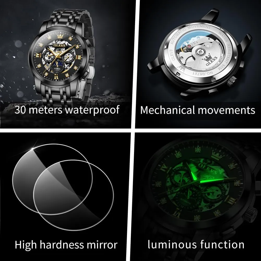 Automatic Watch Diamond Self Winding Mechanical Timepiece Gifts Luminous Waterproof dominate fragile dazzlingly juxtaposition coincide mail OLEVS Mens Luxury Skeleton 