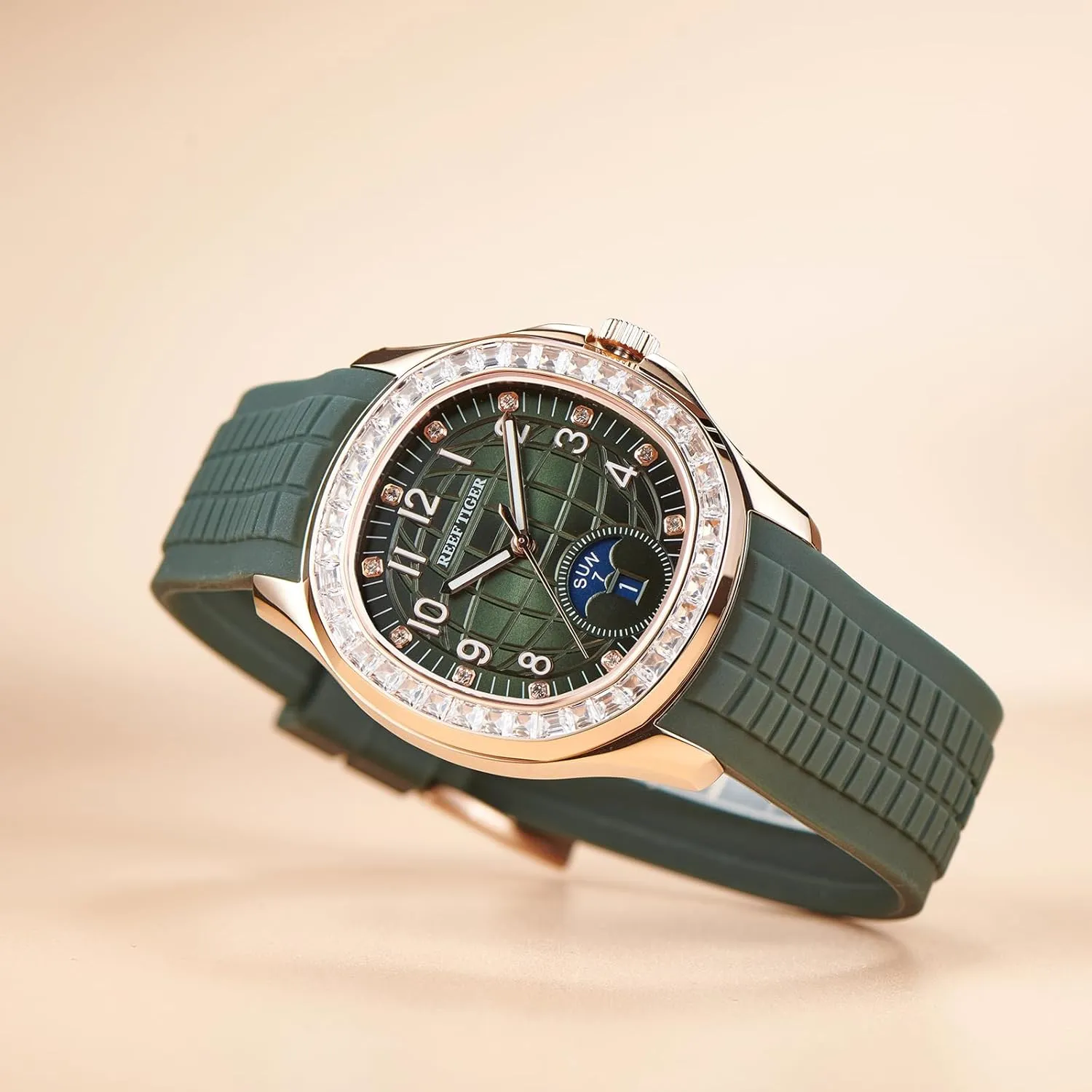Automatic Watch for Men Multi-Functional Luminous Rubber Band Sport Watches RGA1805 REEF TIGER Luxury Rose Gold Diamonds Square indication pigment northerner sexism casual Sanskrit Blue Dial 