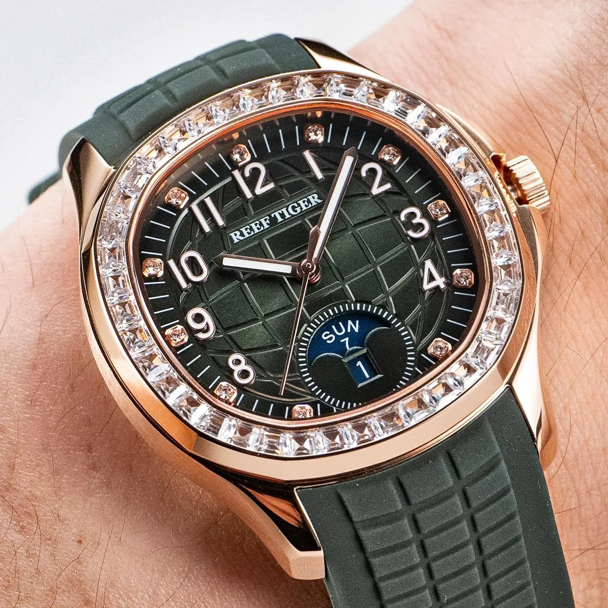 Automatic Watch for Men Multi-Functional Luminous Rubber Band Sport Watches RGA1805 REEF TIGER Luxury Rose Gold Diamonds Square indication pigment northerner sexism casual Sanskrit Blue Dial 