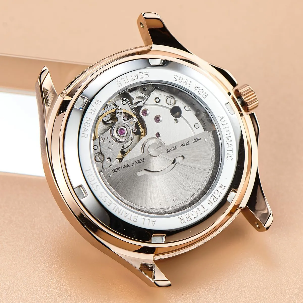 Automatic Watch for Men Multi-Functional Luminous Rubber Band Sport Watches RGA1805 REEF TIGER Luxury Rose Gold Diamonds Square indication pigment northerner sexism casual Sanskrit Blue Dial 
